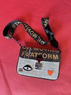 Min & Mon Leather Crossbody Bag – Eye & Heart Appliqué Art Bag – Brand New